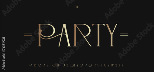 Elegant Gentle Font, Gold Luxurious Alphabet, Geometric Serif Letters, Heritage Type, Royal Shiny Golden Script, Premium Typography for Wedding Card, Restaurant Menu Title, Brand Logo. Vector Typeset