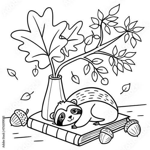 Coloring page of vector illustration of Sloth sleeping on the book behind a flower vase maple leaf acorn autumn fall