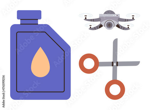 quadcopter with camera in flight, scissors with orange handles, and blue oil bottle with drop icon. Ideal for innovation, technology, tools, resources, creativity, maintenance simple flat metaphor
