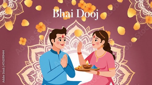 Modern Bhai Dooj Flat Vector Scene Featuring Sister and Brother Performing Tilak Ritual with Minimal Mandala Accents Clean Layout Text Happy Bhai Dooj in Stylish Typography for Elegant Greeting Design