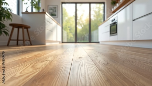 Wallpaper Mural Modern white kitchen features natural oak vinyl plank floor. Sunlight streams through large windows overlooking green garden. Minimalist cabinets and island stool create spacious feel. Torontodigital.ca