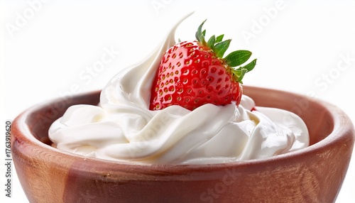 close up strawberry on whipped cream transparent on white background