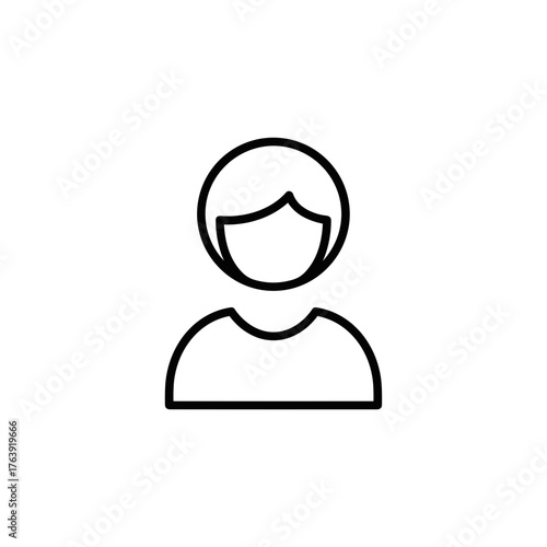 Outline woman user icon, portrait of person and minimal interface element. Woman user symbol shows person's head and shoulders in simple style.