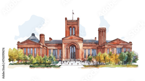 The Smithsonian Institution. The Smithsonian Institution hand drawn watercolor illustration