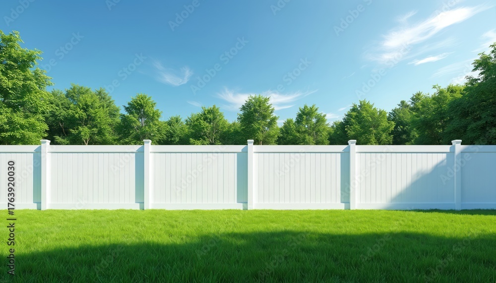 Obraz premium White vinyl fence stands on vibrant green grass lawn. Rich tall green trees line property boundary under clear blue sky with soft wispy clouds. Bright sunny summer day. Scene offers privacy,