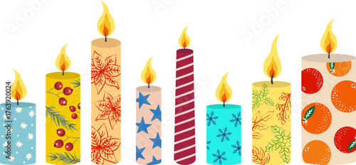 vector set objects colorful handcrafted aroma candle assortment winter celebration home decor cozy new year seasonal web design elements