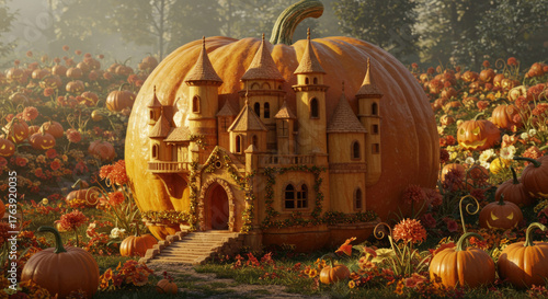 Enchanted pumpkin castle surrounded by autumnal floral landscape