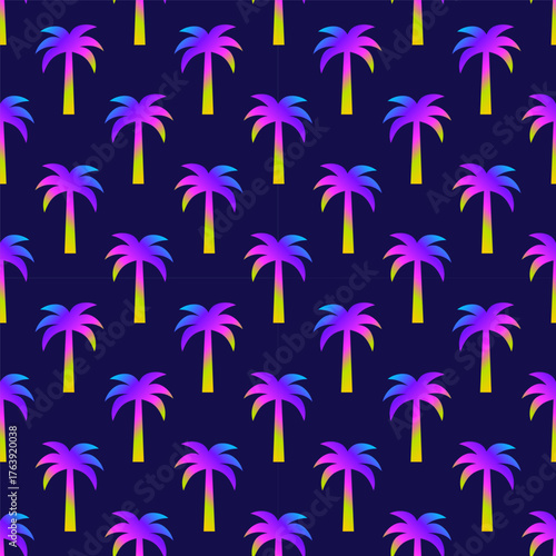 Tropical summer gradient seamless pattern with palm trees on a blue background. Bright, colorful design	
