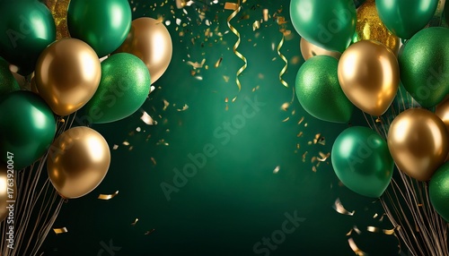Wallpaper Mural birthday party balloons celebration background with green golden confetti and green balloons banner high quality photo Torontodigital.ca