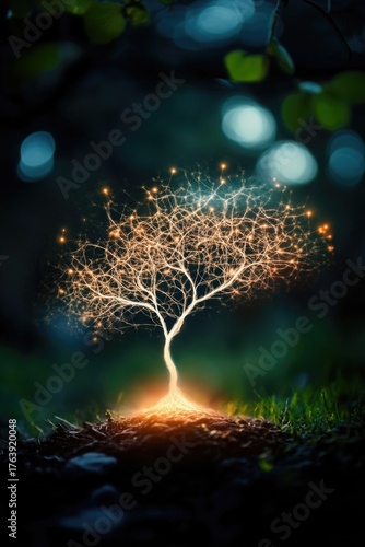 Magical glowing tree with sparkling branches in mystical forest at night
