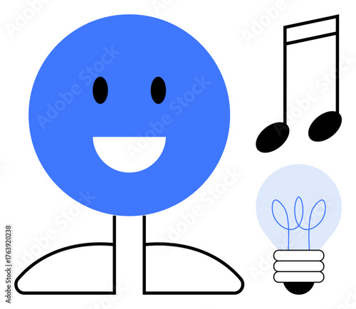 Happy face with a wide smile, musical notes, and light bulb suggesting creativity, happiness, innovation, and inspiration. Ideal for education, creativity, music innovation learning entertainment