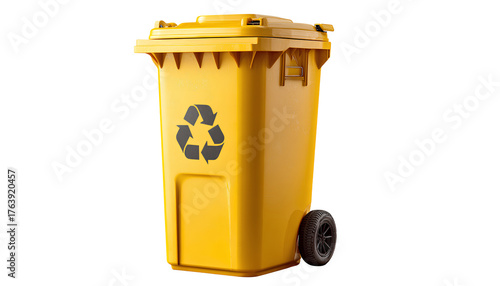 yellow bin with recycling symbol isolated on a transparent background