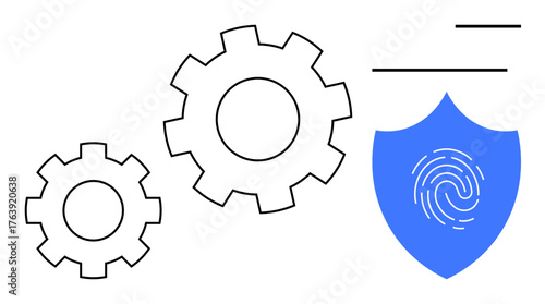 Two interlocking gear mechanisms symbolizing process integration with a blue shield and fingerprint denoting security. Ideal for technology, cybersecurity, process management, safety, system