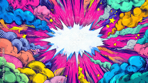 Dynamic comic book explosion with colorful clouds and central speech bubble for creative design
