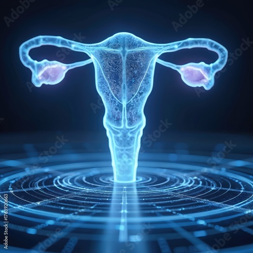 Wallpaper Mural Illustration of human uterus glowing with blue light. 3D render of female anatomy with ovaries. Medicine science concept tech design. Digital art of reproductive system. Torontodigital.ca