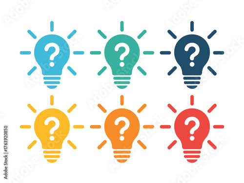Six colorful light bulbs with question marks inside representing ideas and uncertainty
