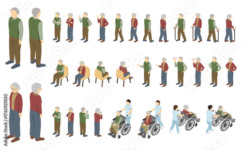 アイソメトリックイラスト：シニア男女セット