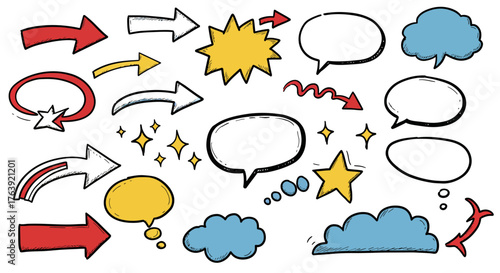 Colorful hand drawn speech bubbles and arrows collection