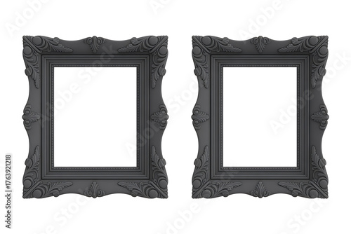 Two ornate, black picture frames stand side-by-side, offering a classic, decorative display.