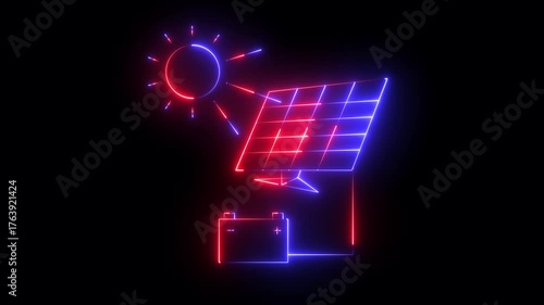 Solar energy panel icon with sun animation. solar panel electric energy storage battery charger. solar panel battery icon animation concept. 4k motion graphics animation.