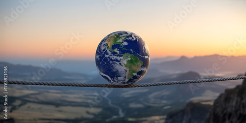 Fragile Earth suspended on a tightrope against a vibrant sunset sky, delicate balance.