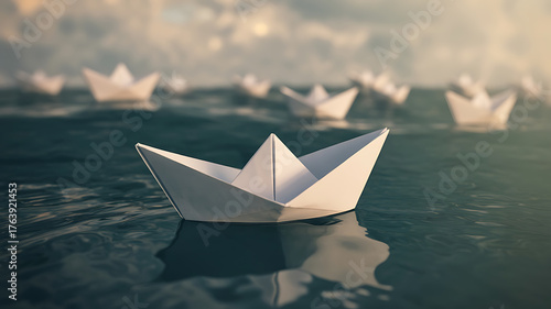 Delicate paper boats float gently on dark water, evoking dreams and fragile journeys.