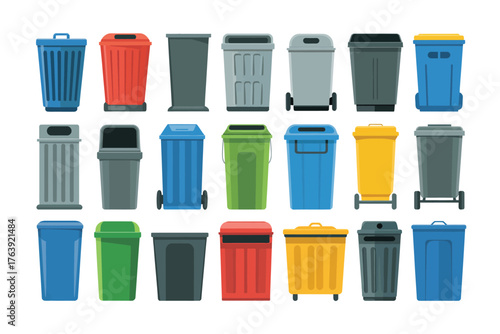 Collection of colorful plastic and metal trash cans and recycling bins