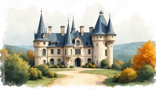 Watercolor painting illustration of french chateau or palace. Building with towers and blue roofs. Historic architecture with trees garden and road. Classic artwork for print design.
