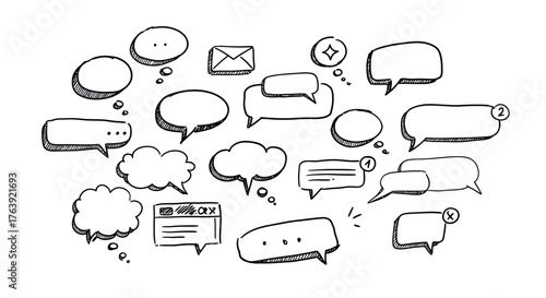 Hand drawn speech bubbles and chat icons doodle set for communication design