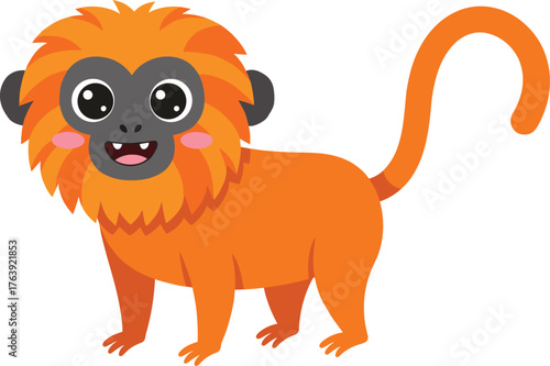 Cartoon golden lion tamarin illustration, cute monkey character, endangered primate artwork, tropical rainforest animal, smiling face, orange fur, children design
