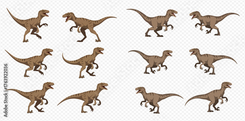 Multiple cartoon raptors in various poses on a white background.