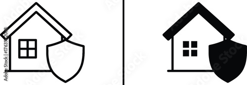 Home Security: Symbolic representations of home security. A house, paired with a shield, illustrates protection and safety. One is a detailed outline, the other solid silhouette.