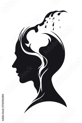 Vector illustration of a woman’s head silhouette with abstract liquid shapes flowing from the top, symbolizing emotional release, mental energy, and inner transformation.
