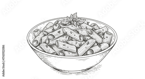 Detailed ink style bowl of pasta with basil