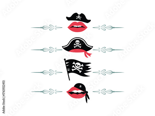 Pirate themed elements featuring lips and jolly roger flag