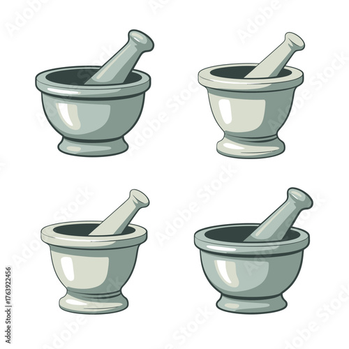 Set of four mortar and pestle illustrations in different perspectives