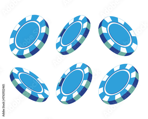 Collection of blue and white casino poker chips in various orientations