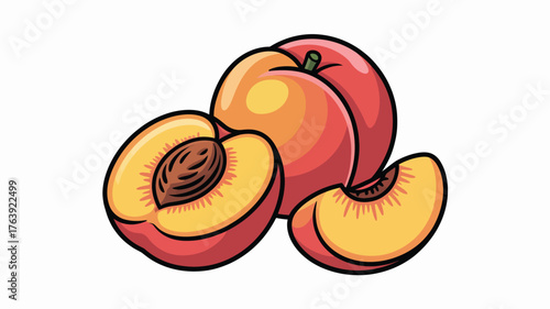 Juicy ripe peaches with a slice and half