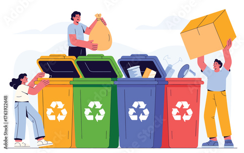 People sorting and depositing waste into colorful recycling bins