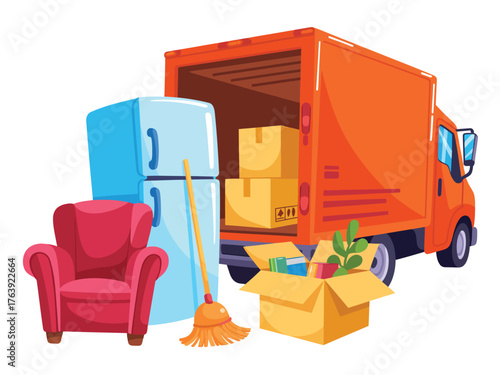 Moving truck loaded with furniture appliances and boxes