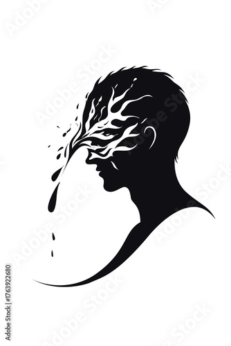 Vector illustration of a man’s head silhouette with abstract liquid shapes flowing from the face, symbolizing emotional release, trauma, mental struggle, and psychological healing.