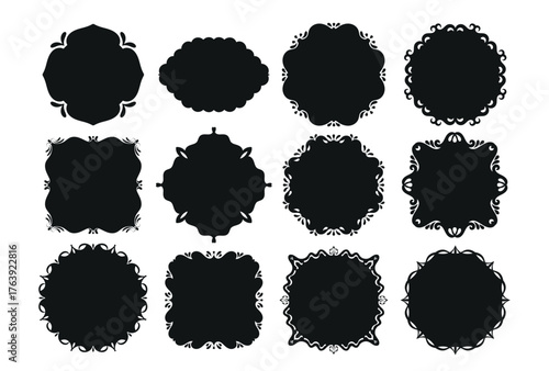 Set of decorative black silhouette frames in various shapes. Collection of Rounded and oval frames with decorative swirls for vintage design, invitations, announcements, photographs