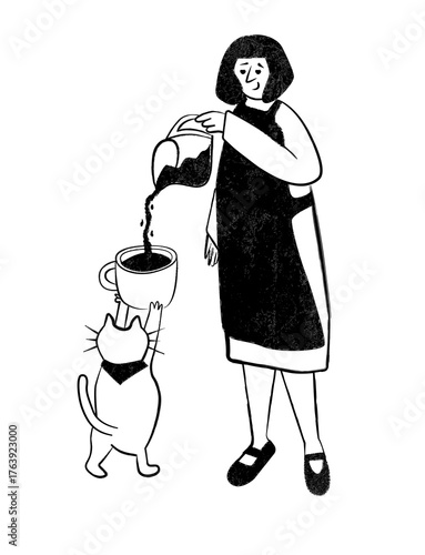 A cozy café scene with a woman pouring coffee into a cup for her adorable cat, capturing warmth, care, and relaxing moments in a charming coffee shop setting.