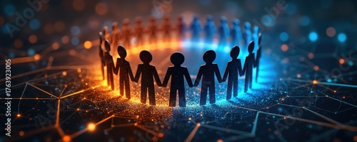 Abstract image features connected silhouettes in circle. Figures joined together representing teamwork, community. Photo evokes concepts of network technology partnership digital transformation,