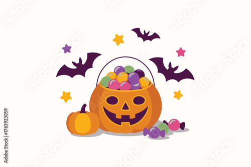 Halloween pumpkin candy bucket filled with colorful sweets and bats