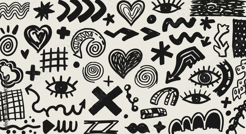 Hand drawn doodle pattern with hearts and arrows in black and white