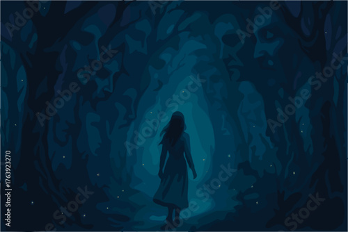 Girl Walking Through Enchanted Dark Forest at Night