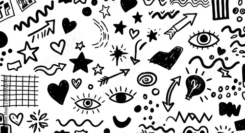 Playful doodle pattern with arrows, hearts, and stars on white background
