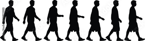 Human walking motion silhouette sequence, seven phases, long sleeves and sneakers, flat vector, isolated, cad drawing