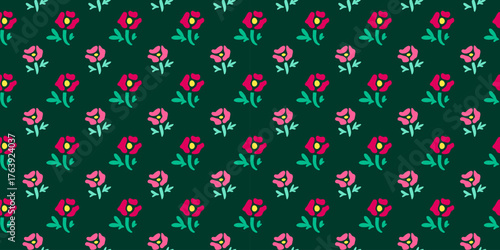 Cute seamless pattern with stylized leopard rose flowers on dark background.